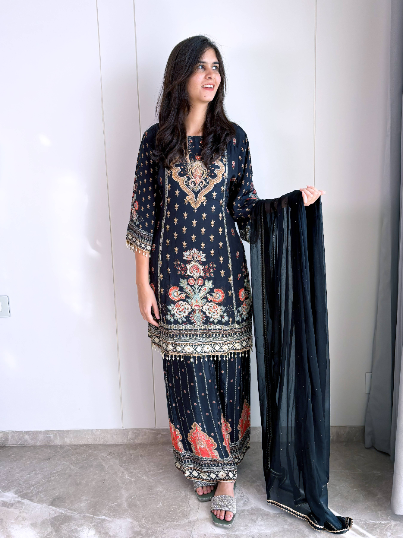 Black Pure Crepe Party Wear Suit